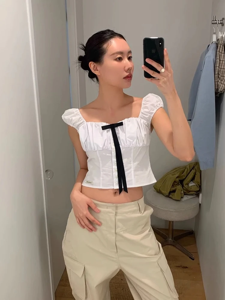 Casual Sle ort Svel irt for Women with  Knot Pure Cotton Plaid Design Summer New Arrival Red And White