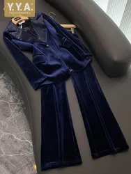 Autumn Office Ladies Velvet Suit Set High Quality Women Slim Fit Work Outfits Blazer Jacket Wide Leg Pants Two Piece Sets Suits