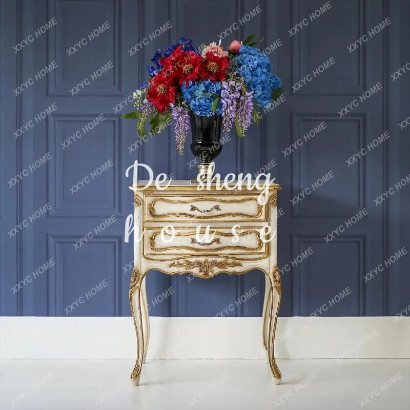 XX Two-drawer  bedside table retro old court hand-carved gold edge veneer living room side few