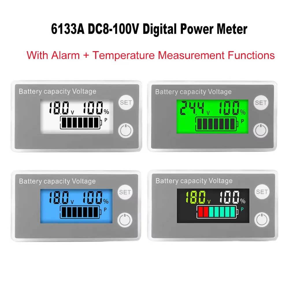 6133A Digital Power Meter With Alarm And Temperature Measurement Functions DC8-100V Lead Acid Lithium LiFePO4 Voltmeter Voltage