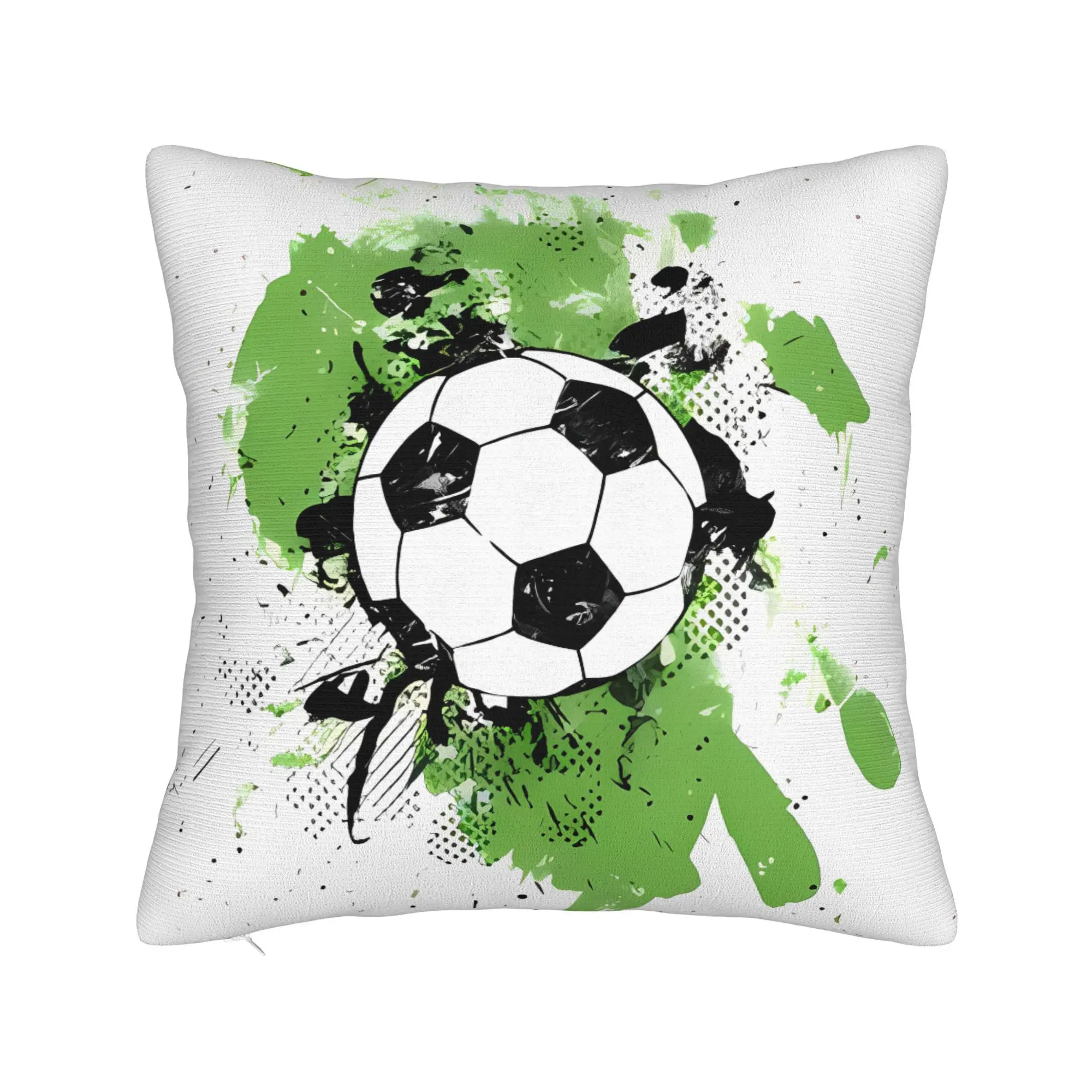 Pillow Cover Classic Black-and-White Football on Green Graffiti Splash Ribbed Polyester Zipper Machine Washable Sports Decor