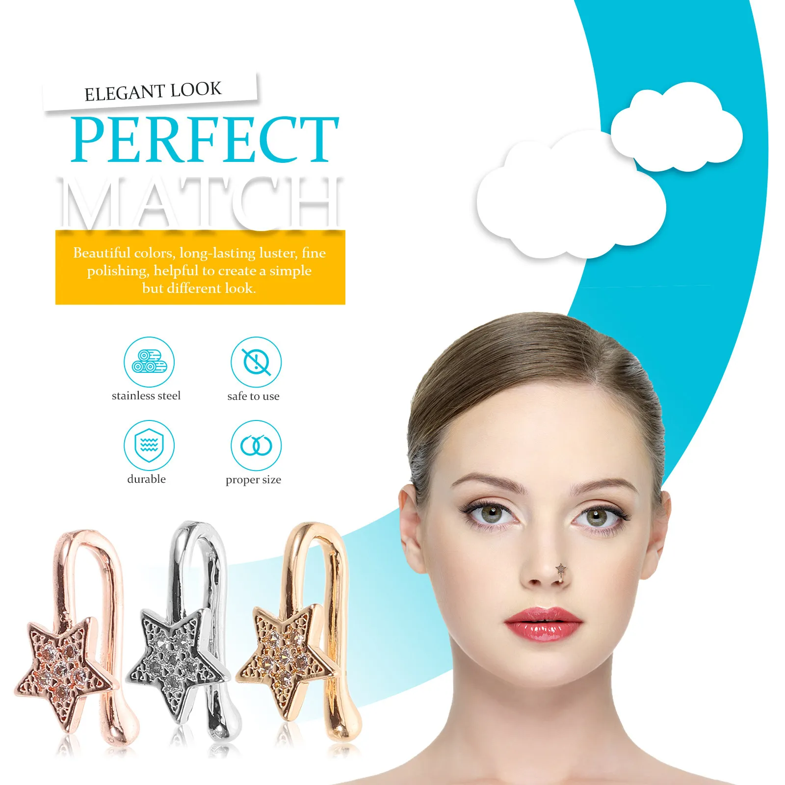 3Pcs Star Shaped Fake Nose Rings Non Piercing Zircon Copper Rhinestone Nose Cuff for Women Minimalist Elegant Stylish Versatile