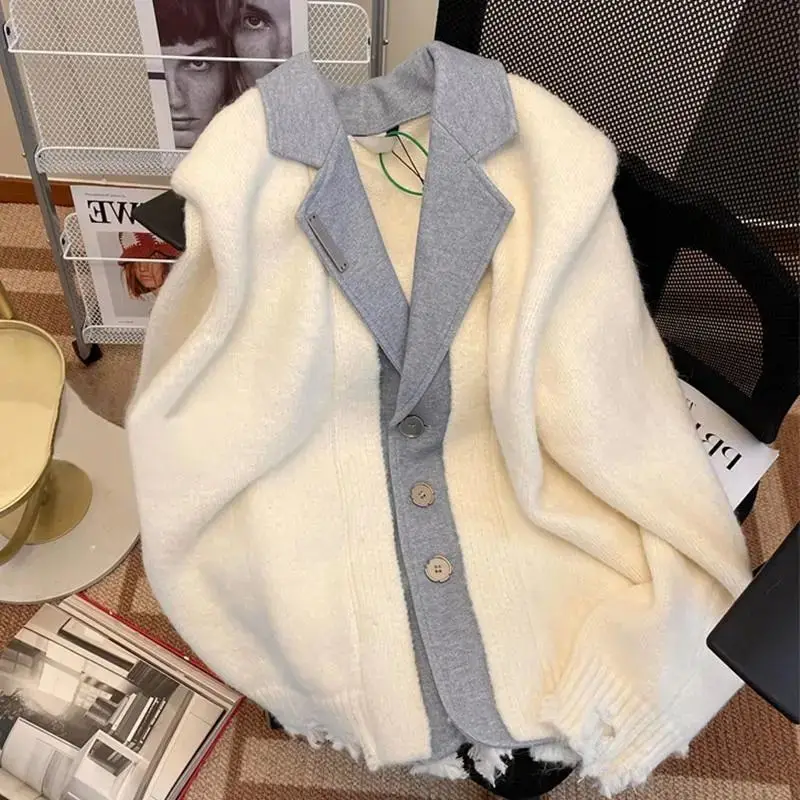 

2023 Autumn Winter Women New Korean Loose Stitching Cardigans Female Long Sleeve Knit Coats Ladies Buttons Sweater Jackets A370