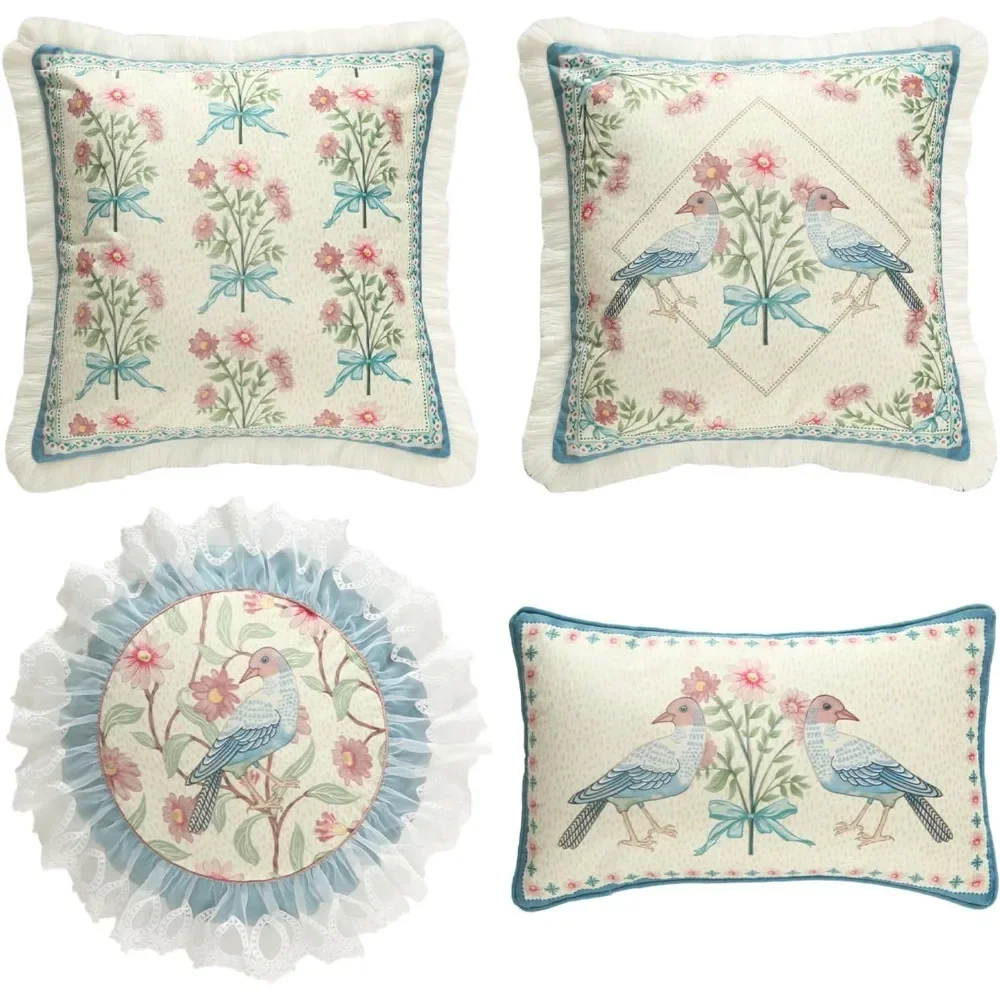 French Country Velvet Throw Pillow Cover,Elegant Blue Pink Small Floral Collection Pattern,Decorative Lumbar Pillowcases Cushion