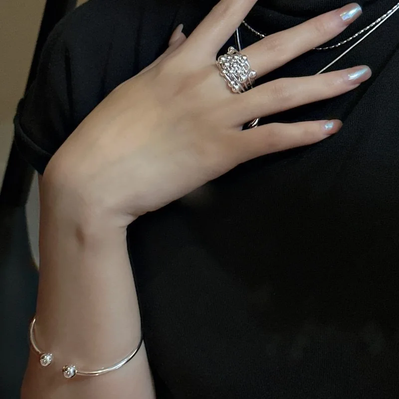 925 Sterling Silver Rings For Women Geometric Fine Jewelry Finger Adjustable Geometric Ball Ring For Party Birthday Gift