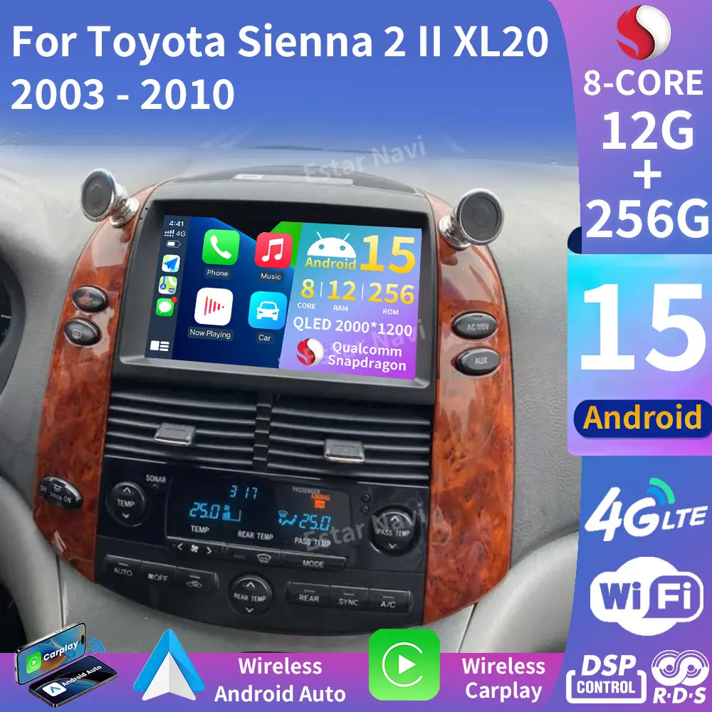 Android 15 Carplay For Toyota Sienna 2 II XL20 2003 - 2010 Navigation 360 Camera 2din BT RDS Head Unit GPS Multimedia 4G LTE DSP