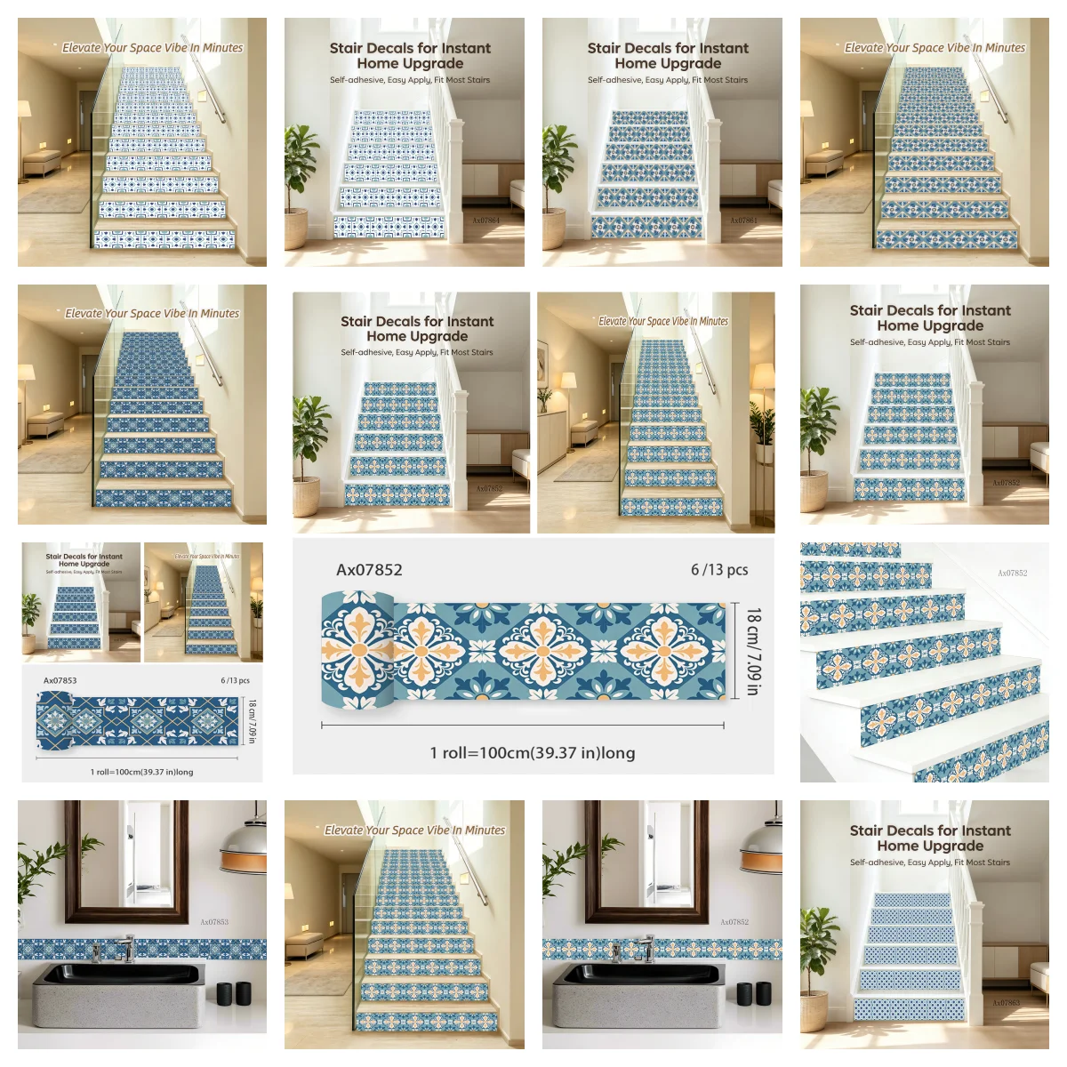 Blue‑orange Contrast Vintage Floral Tile Stair DecalsStaircase Sticker Wallpaper Kitchen Bathroom Backsplash Wall Border Decor