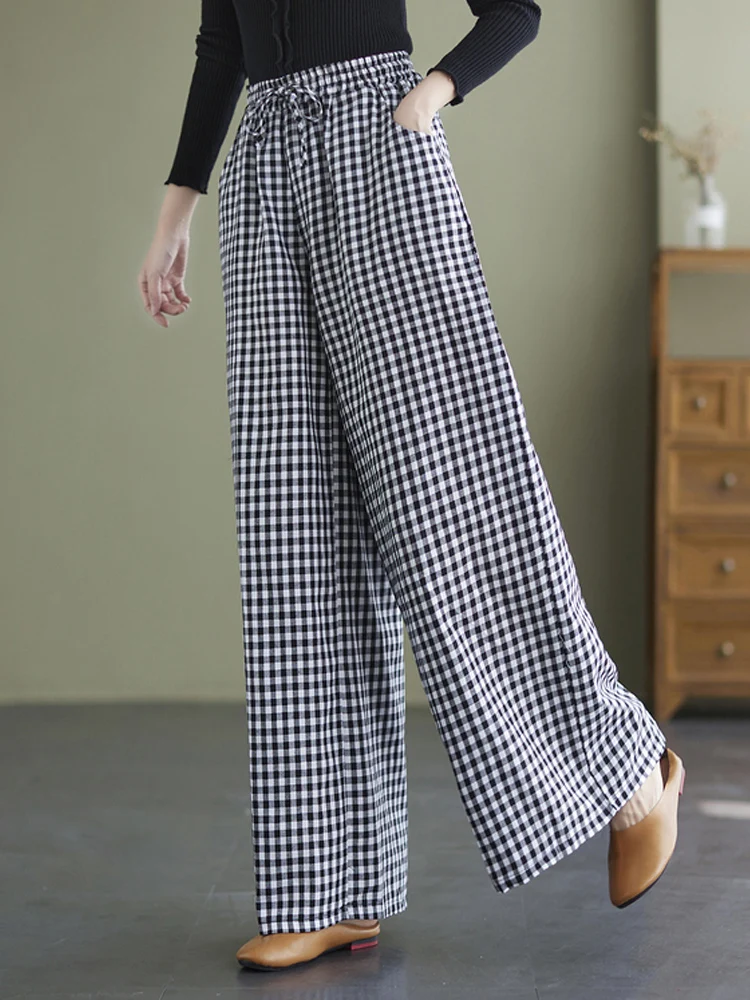 

2024 New Autumn Literary Cotton Trousers Vintage Plaid High Waist Wide Leg Pants Casul Loose Straight Long Pants for Women