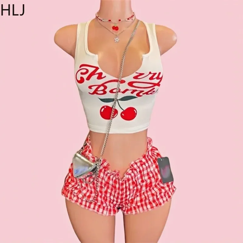 

HLJ&GG Y2K Cherry Print Fashion Ruffle Shorts Two Piece Sets For Women V Neck Sleeveless Tank Top + Ruched Shorts Street Outfits