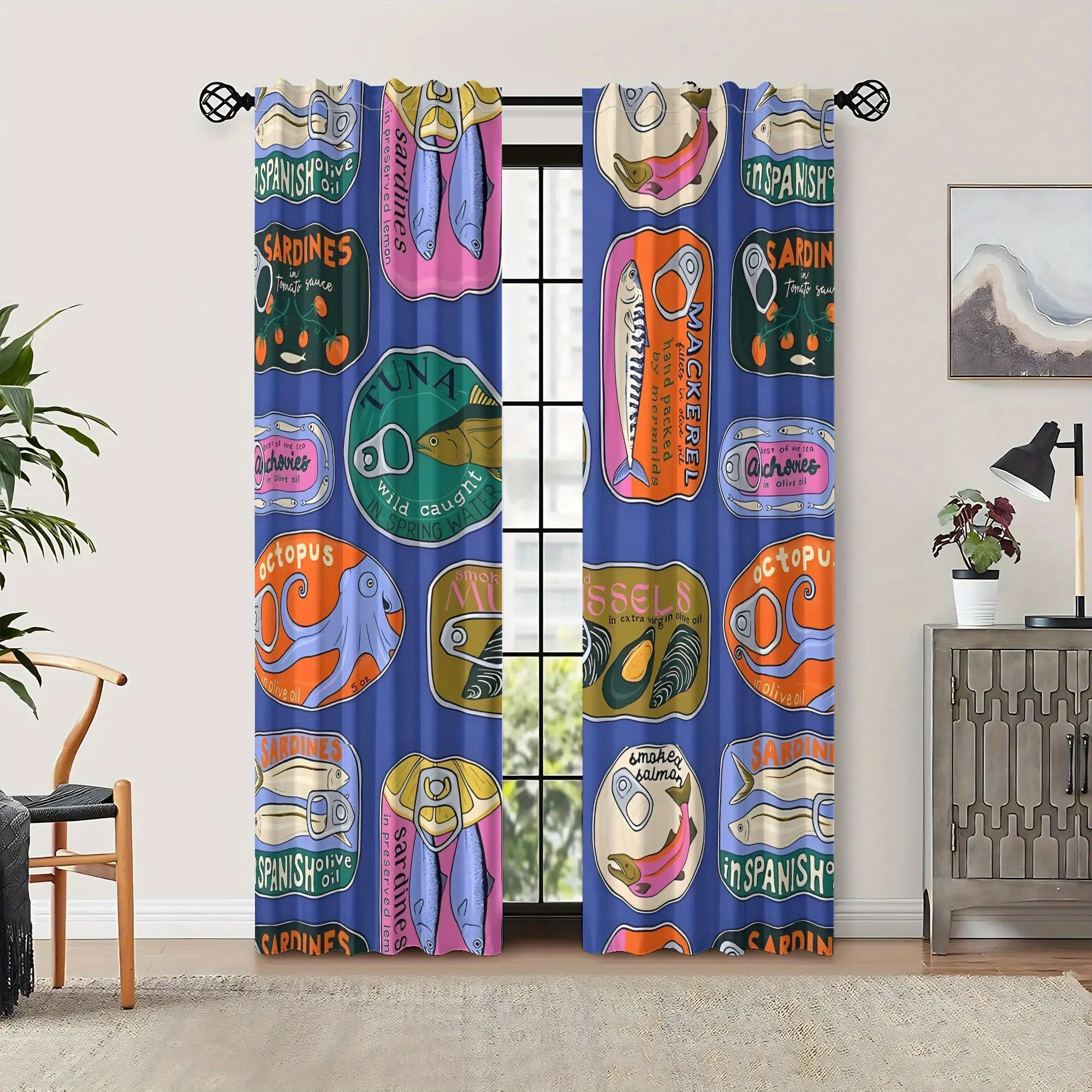 2PCS Digital Print Curtains, Fish Can Label, Vintage Nautical