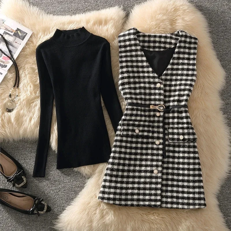 Women's V-Collar Woolen Vest New Spring Autumn Fashion Sleeveless Jacket + Sweater Suits Elegant Wool Vest Dresse Sets 2PCS