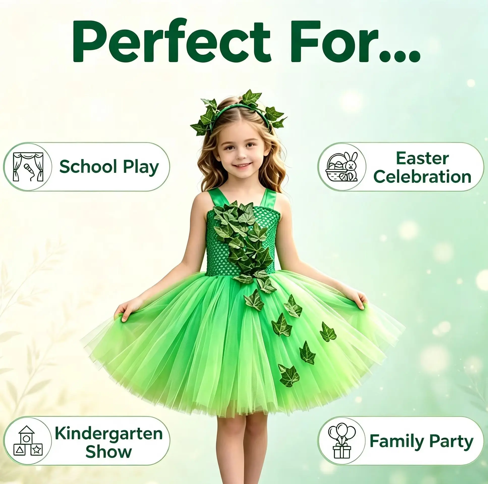 Halloween Green Vine Pattern Tutu Dress for Girls New Kids Mesh Tulle Dress Holiday Party Outfit Light Sleeveless Fashion Skirt