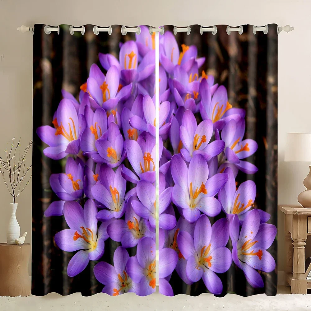 Flower Window Curtains,Purple Beautiful Jungle Forest Spring Flowers Blooming Blackout Curtains White Pink bloom for Living Room