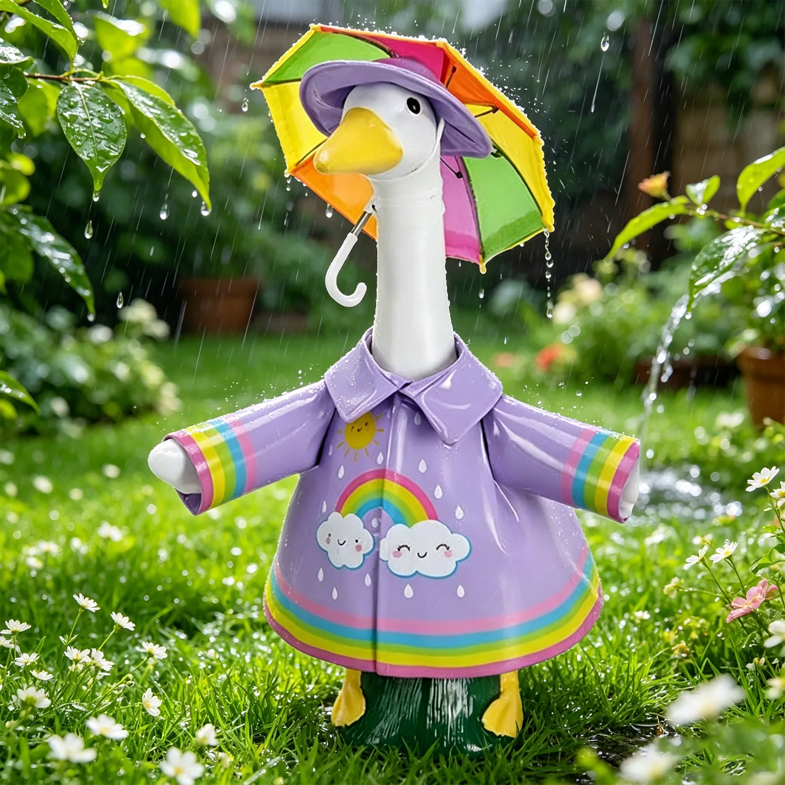 Porch Goose Outfits Lapel Print Raincoat with Umbrella And Hat Three-piece Set for Outdoor Garden Yard Patio Decoration
