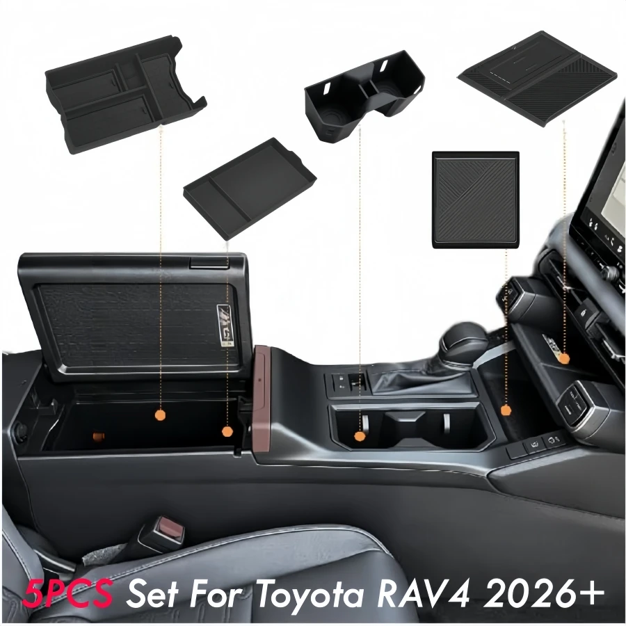 5 Peças de Bandejas Organizadoras para Console Central para Toyota RAV4 2026+ LHD RHD, Caixa de Apoio de Braço Automotiva, Porta-Copos, Carregamento Sem Fio e Tapete Antiderrapante