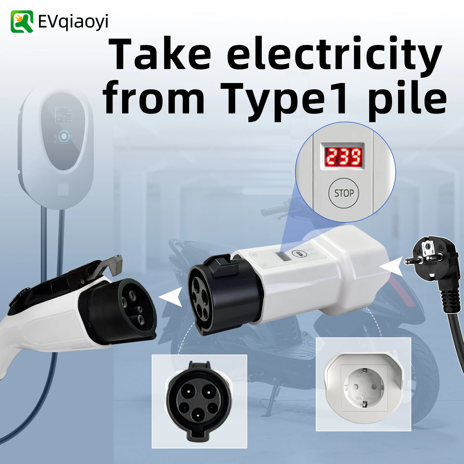 Type1 to 220V Schuko Adapter for Mobile EV Wallbox & EVSE, Caravan & Portable Power Take Power From EV Charging Pile for RV,