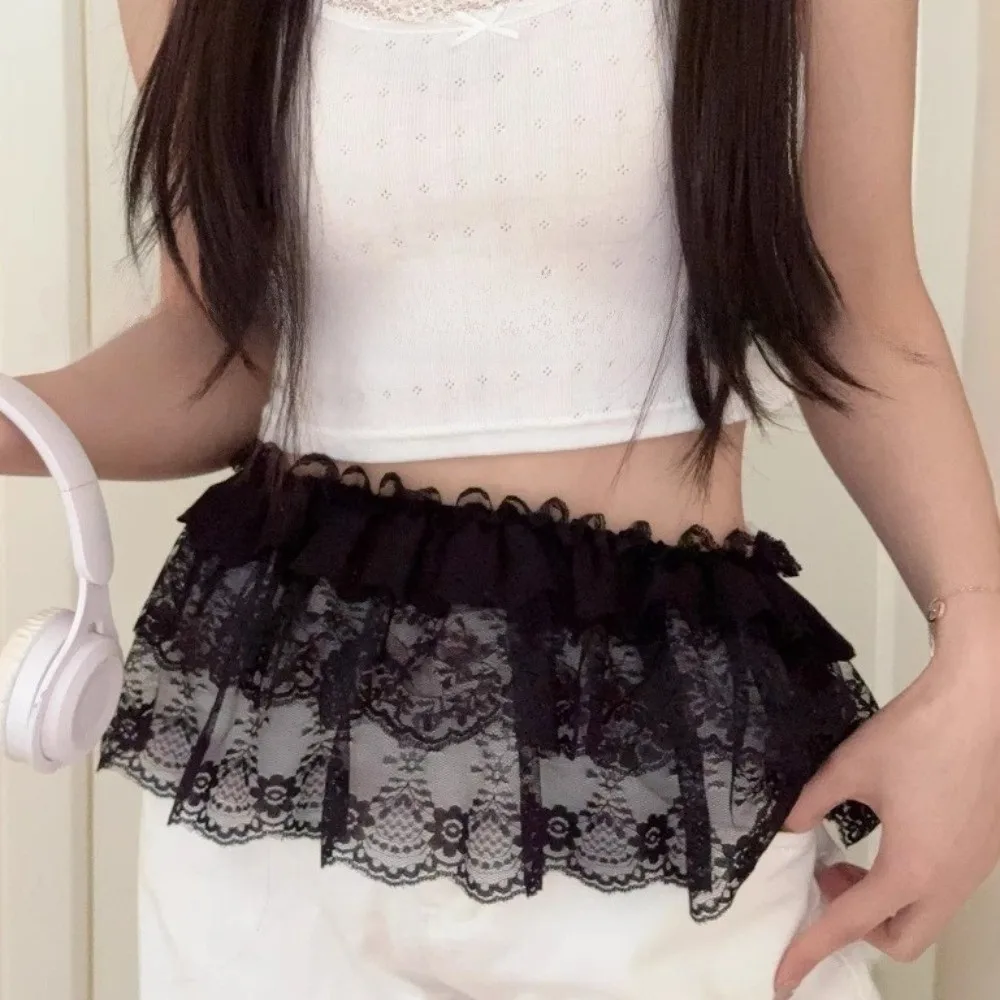 Sweet Y2k Lace Mini Skirt Short Korean Style Gauze Skirt Lace-up Flower Ruffled Edge Skirt Streetwear