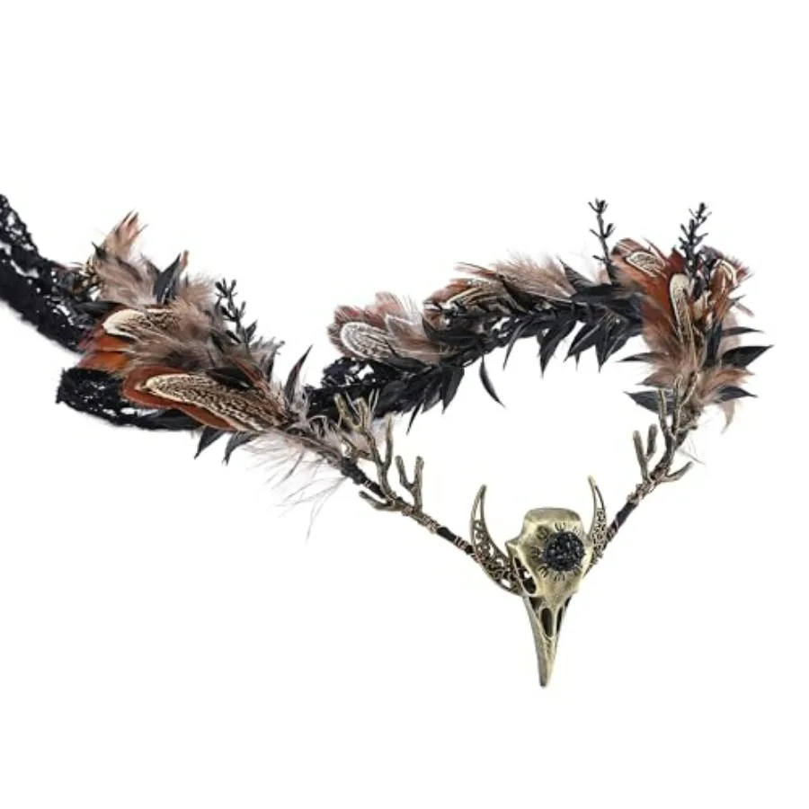 MOSTORY Feather Witch Crown - Handmade Gothic Headpiece Elf Moon Cirlet with Crow Skull Dark Tiara for Women Witch Aesthetic Re