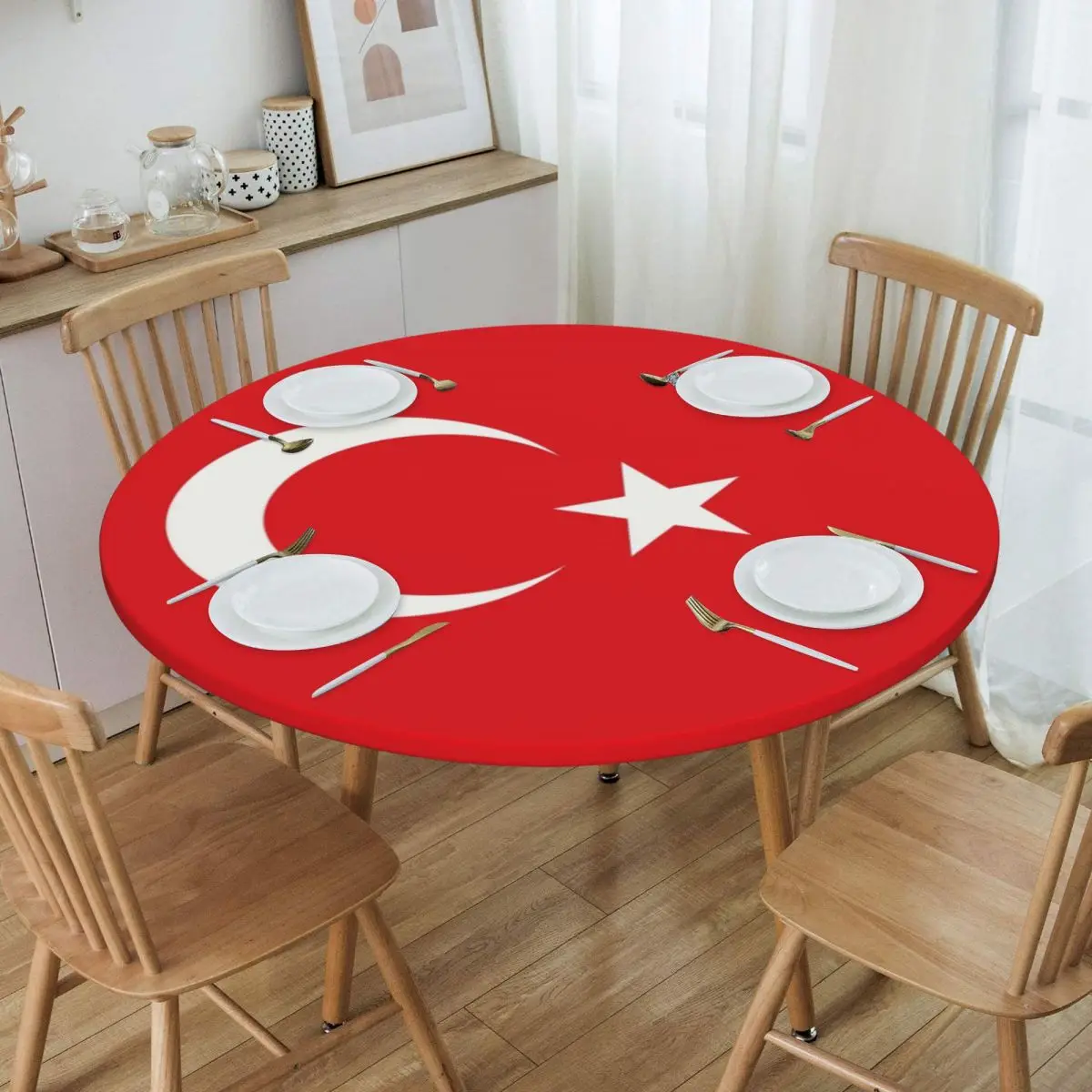 

Flag Of Turkey Tablecloth Round Elastic Waterproof Patriotism Table Cover Cloth for Party