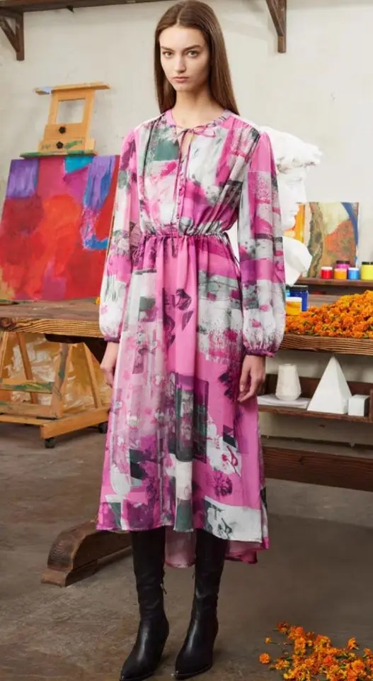 Spanish foreign trade new color twill print asymmetrical style solid color long women\'s dress
