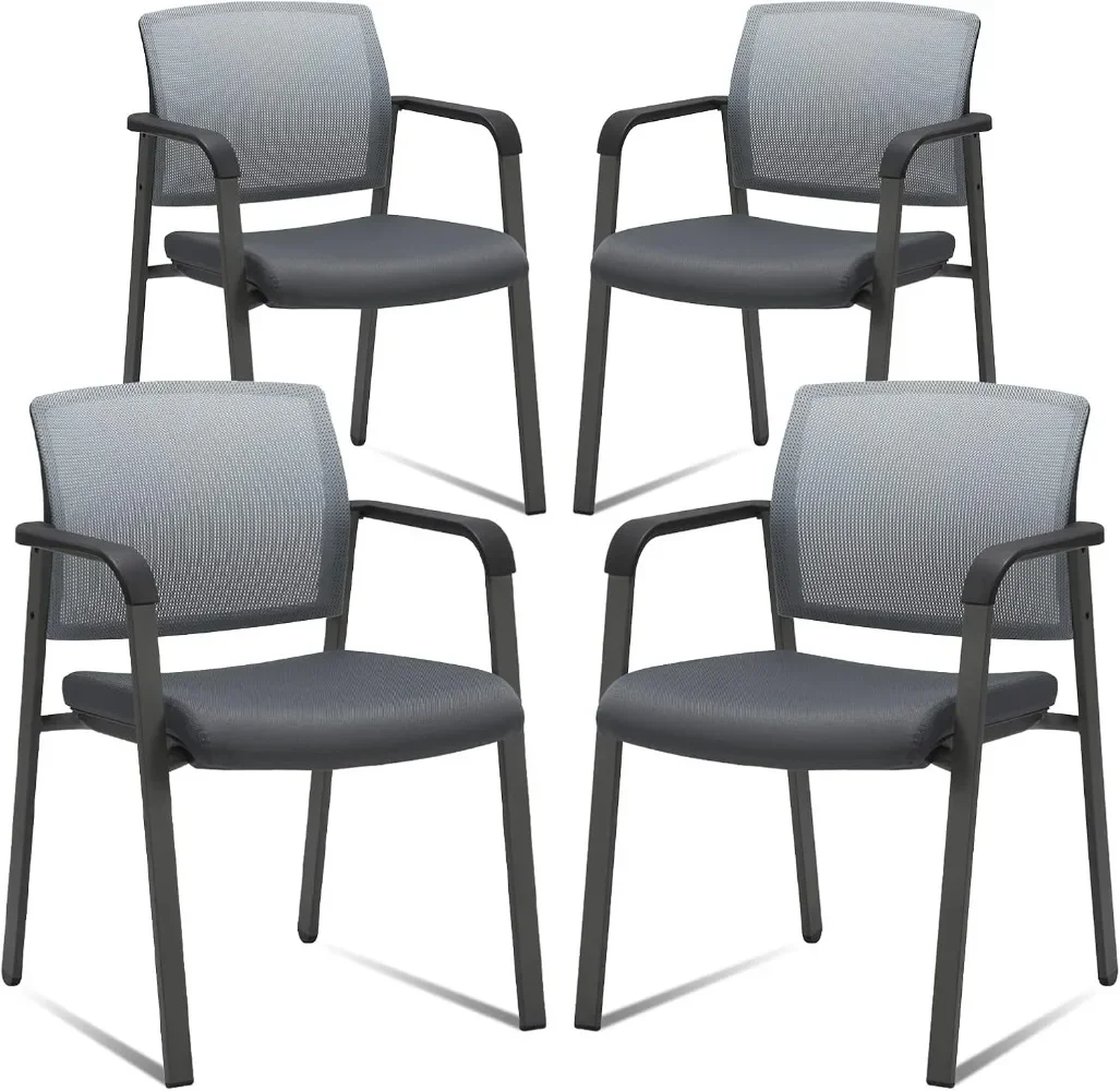 Mesh Back Stacking Arm Chairs with Upholstered Fabric Seat and Ergonomic Lumber Support， Grey (Gray-4 Pack)