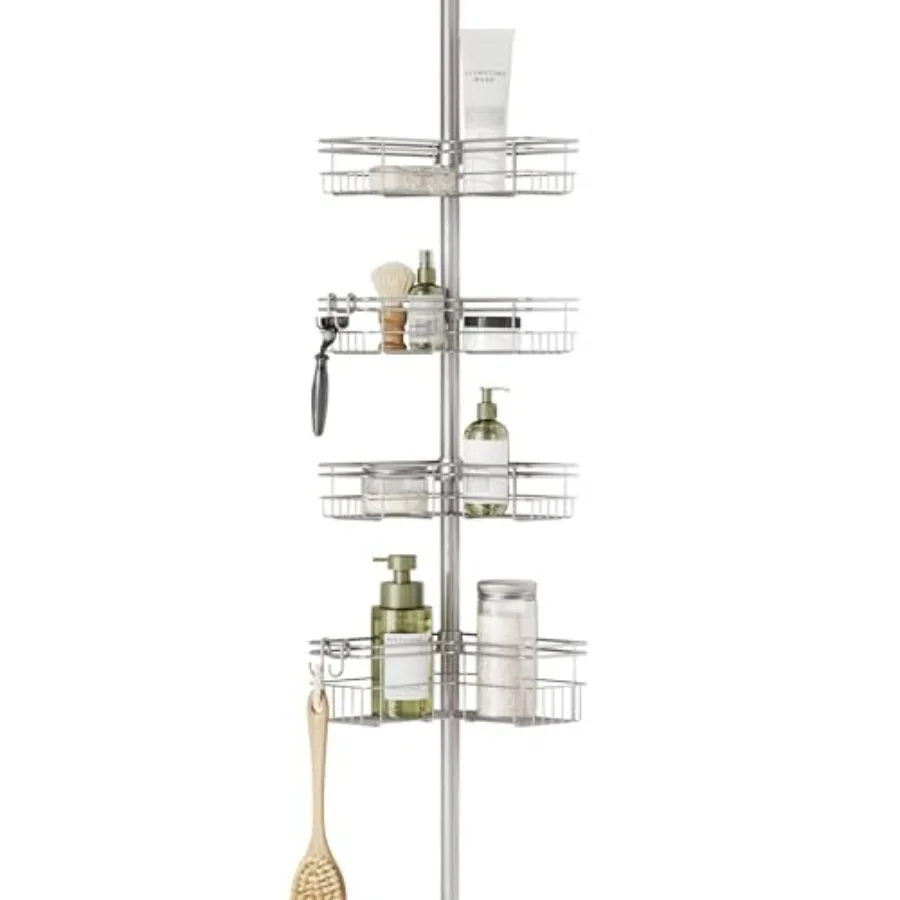 

Adjustable Corner Shower Caddy with 4 L-shaped Baskets and Hooks Rust Resistant Tension Rod Organizer for Bathroom Satin Nickel