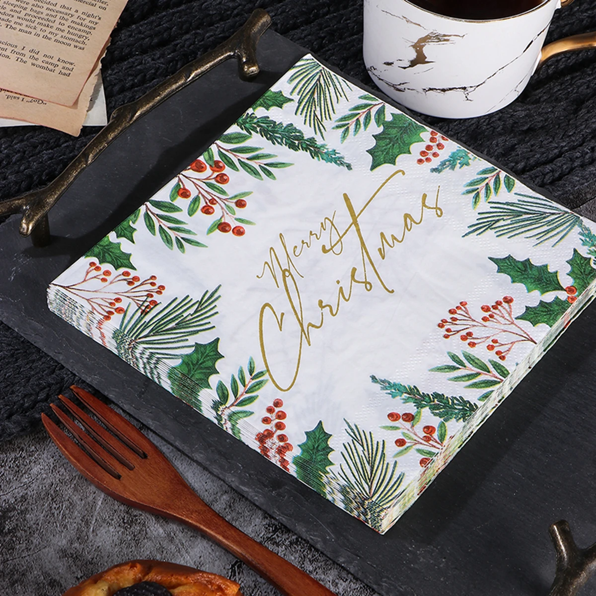 Christmas Paper Napkins Merry Christmas Holly Berry Leaf Disposable Decorative Paper Napkins For Xmas Dinner Table Party Decor - view 4