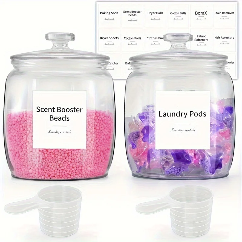 Glass Jars for Laundry Room Organization and Storage, Laundry Pods Container with 2 Scoop & 18 Labels,2 Pack 71OZ Storage Contai