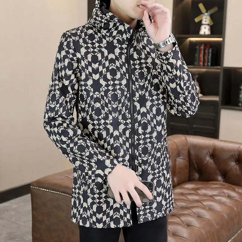 2023 Autumn and Winter Men's Fashion Mid Length Korean Commuter Print Slim Fit Casual Coat Comfortable Versatile Top Coat