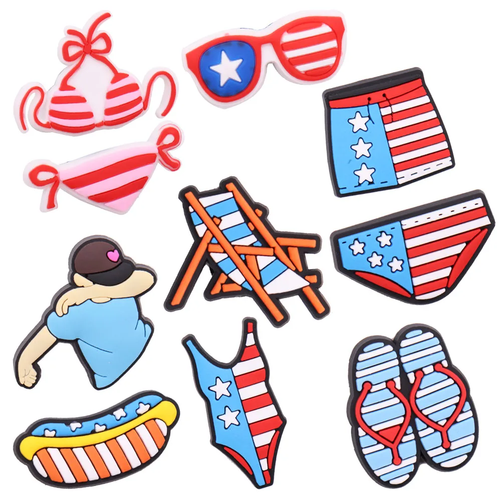 Hot Sale 1pcs Shoe Charms American Swimsuit Hot Dog Sunglasses PVC Garden Shoe Buckles Decoration Fit Hot Gift Kids X-max Gift