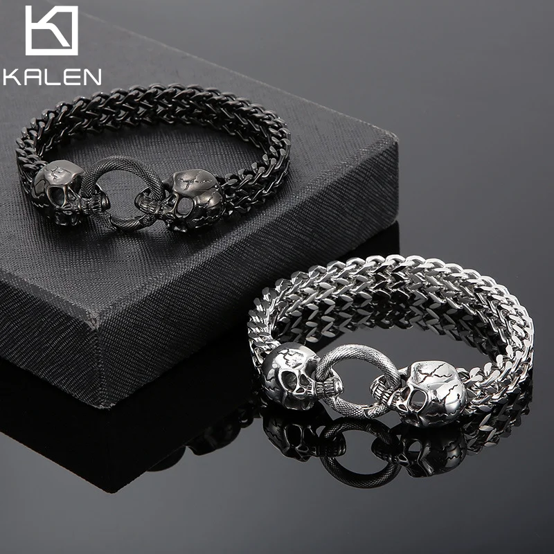 KALEN Dark Knight Skull Stainless Steel Bracelet For Men Punk Viking Braided Bracelet Fashion Jewelry Birthday Halloween Gifts