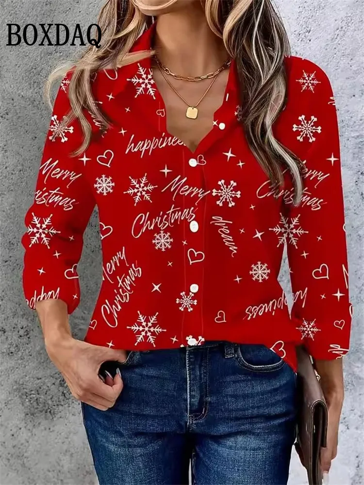 

2025 New Christmas Party Women's Plaid Snowflake Blouse Fashion Streetwear Casual Button Lapel Cardigan Shirt Autumn Winter Tops