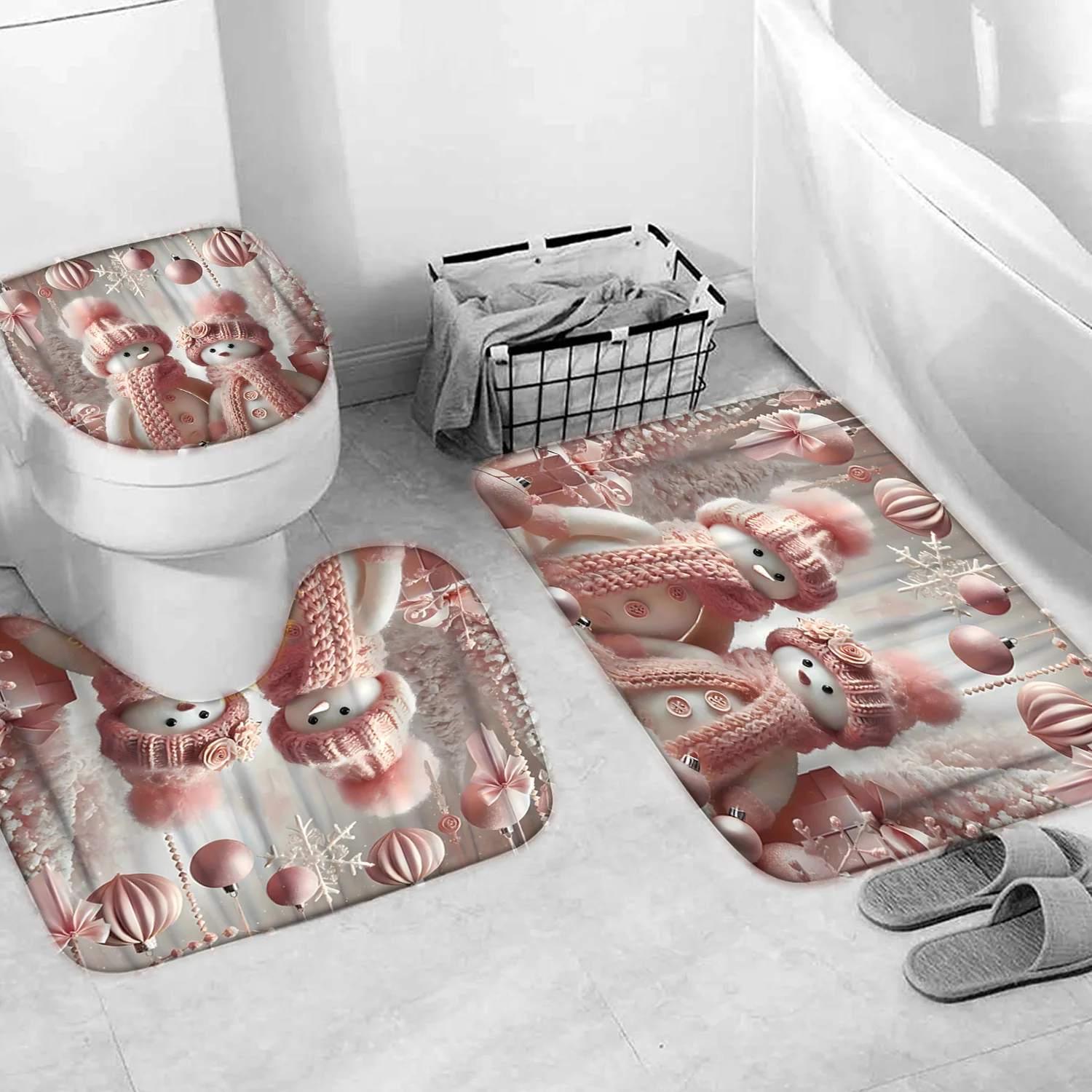 4Pcs Cute Xmas Snowman Bath Set – Shower Curtain, Bath Mat, U-Shaped Toilet Cover, 12 Hooks