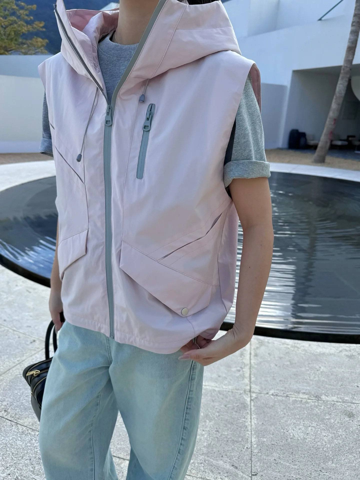 Utility Zipper Hooded Vest for Men Women, Workwear Jacket Coat Outdoor Sports Streetwear Spring Summer Casual Wear with Pockets