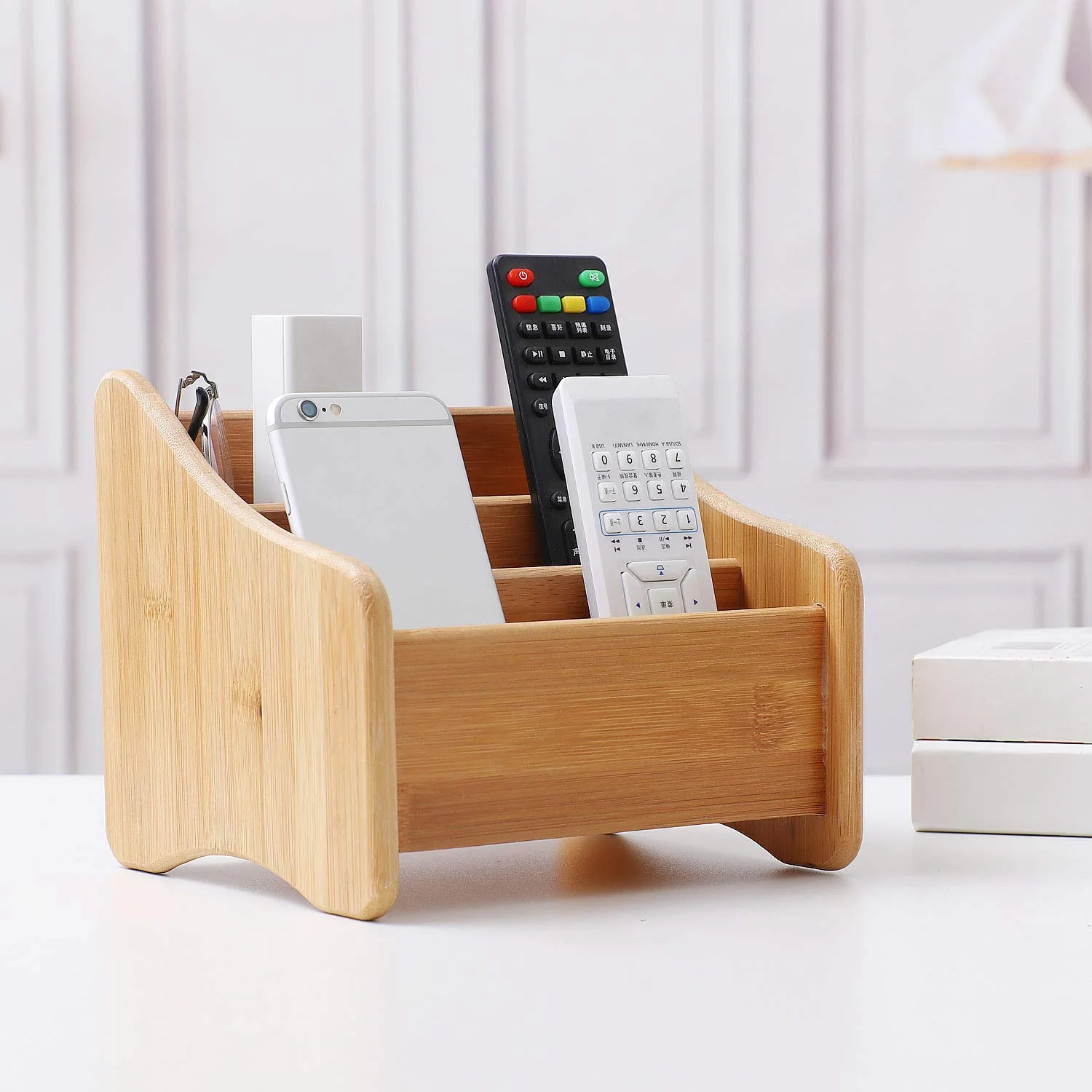 Wood Desk Organizer Bamboo Remote Control Holder Caddy Storage Container with 3 Compartments for Pen Pencil Phone Eyeglasses