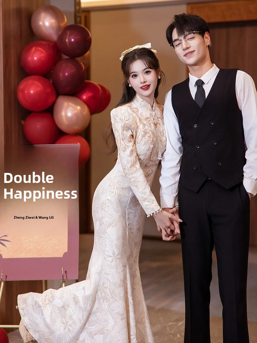 

Новое китайское свадебное платье цвета шампань с длинными рукавами и шлейфом для церемонии помолвки и свадьбы