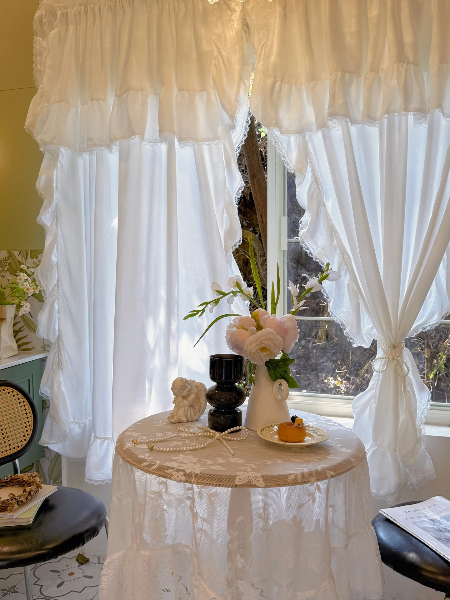 Korean-style sweet opaque cream gauze curtain, French princess style, suitable for bedroom or girls' room,half-curtain partition