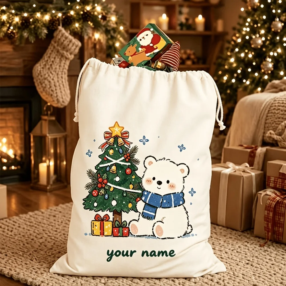 1Pc Christmas Custom Name/Text Imitation Hemp Gift Bag, White Bear Xmas Tree Drawstring Closure Storage Pouch, Party Candy Bags