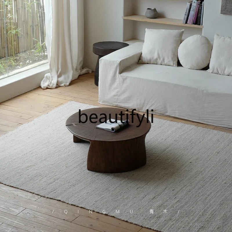 Medieval wabi-sabi wind log coffee table oval stump retro designer solid wood low table