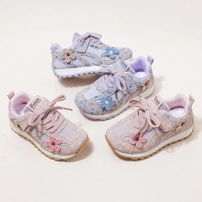 Toddler Girls Sweet Floral Sneakers, Crochet Flower Hook‑Loop Breathable Retro Casual Running Shoes