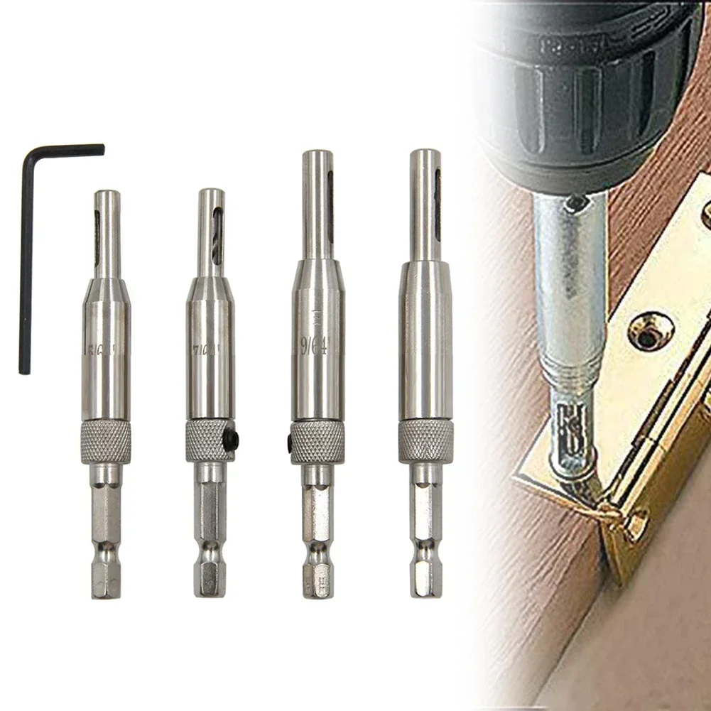 Auto Centrando dobradiça broca, carpintaria, porta, janela, abridor de furos, posicionamento de perfuração, alargador, escareado, 4pcs