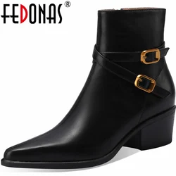 FEDONAS Autumn Winter Women Ankle Boots Pointed Toe Thick Heels Mature Office Lady Genuine Leather Basic Side Zipper Shoes Woman