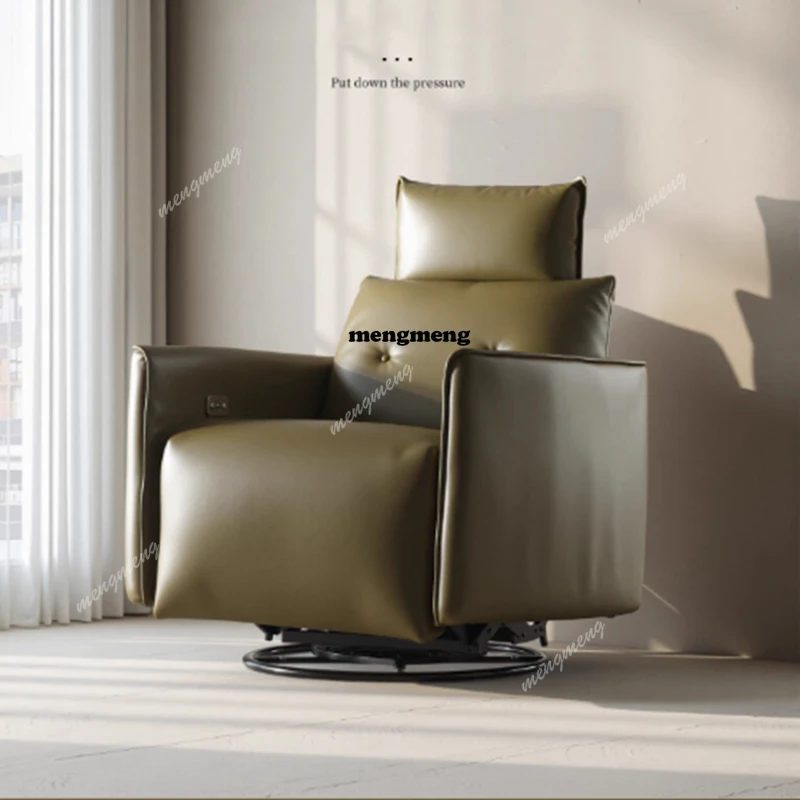 

Italian minimalist designer leather single sofa chair model house villa first layer cowhide leisure chair with electric