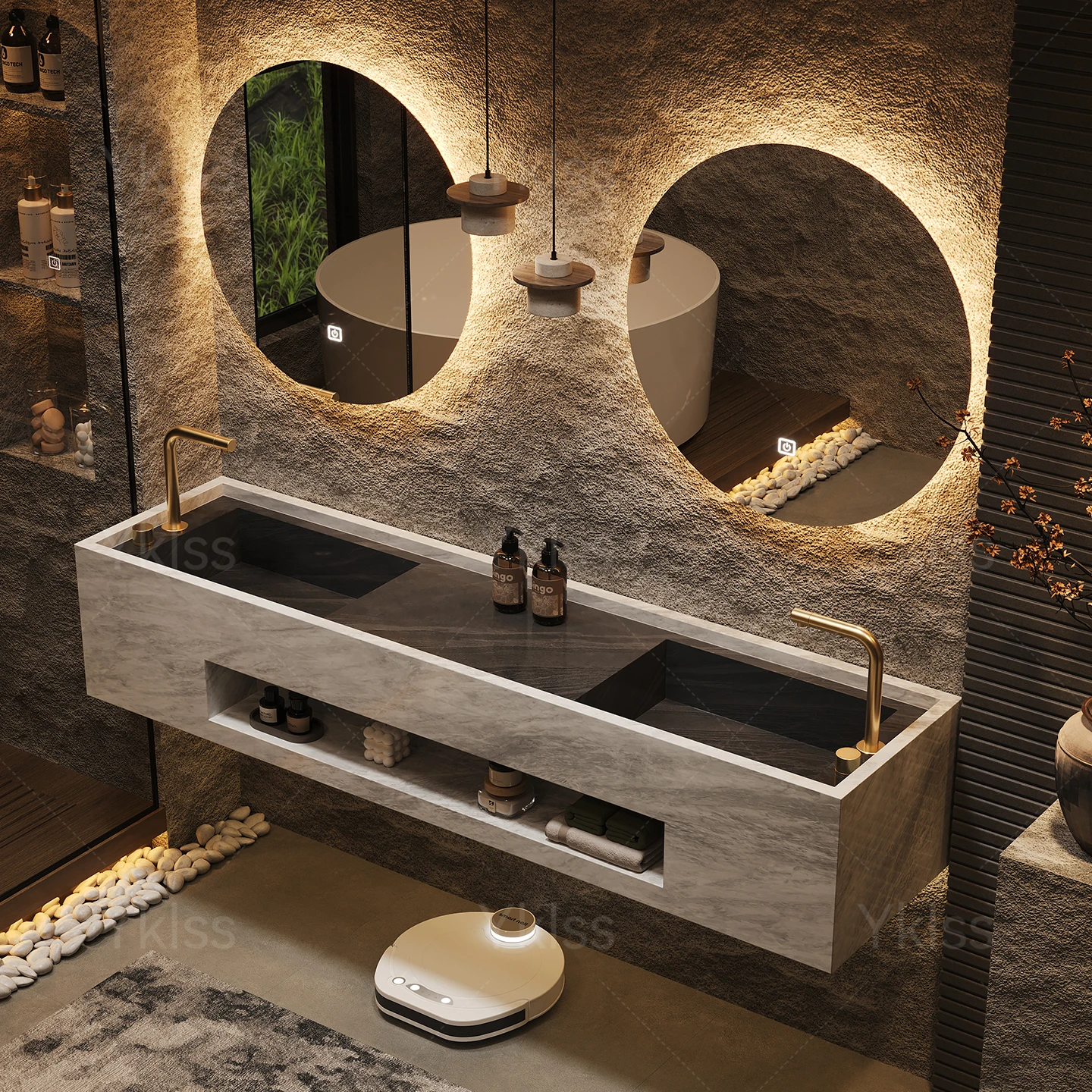 

Modern Luxury Rock Slab Bathroom Cabinet with Seamless Basin Custom Single or Double Washstand Integrated Washbasin Designpromot