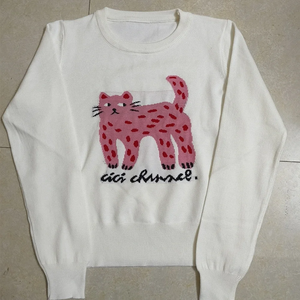 Y2K Pink Leopard Cat Embroidery Sweaters Coat Women Cartoon Warm Winter Clothes Women Streetwear Jumper Knitwear Long Sleeve Top