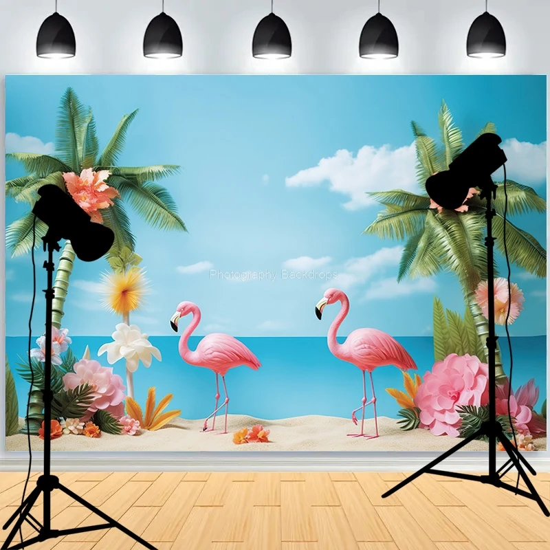 

Tropical Holiday Flamingo Ocean Scenery Photography Backdrops Prop Palm-Trees Beach Touris Birthday Party Photo Background HN-01