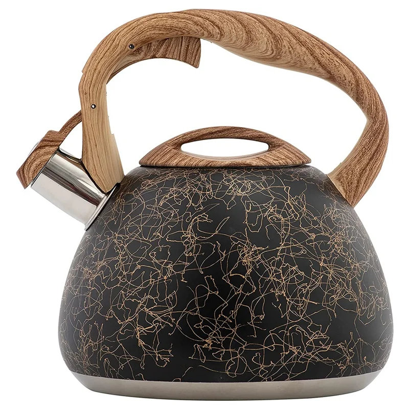 

Whistling Stainless Steel Tea Kettle With Wood Grain Anti Heat Handle, Wood Grain Cover Top Tea Pot, 2.8L