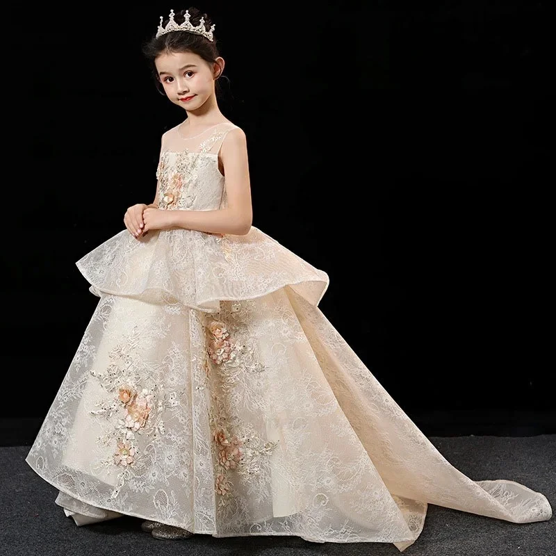 Custom light luxury dress women wedding guest gown girls wedding dress luxury birthday party pageant runway lace floral trailing