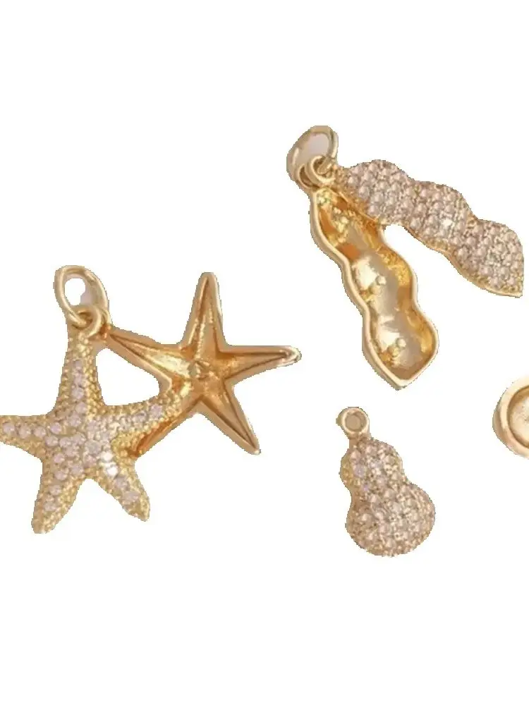 

Micro Inlaid Zircon 14K Gold Wrapped Beaded Money Bag with Peanuts Starfish Pendant Handcrafted DIY Half Hole Bead Holder Pendan