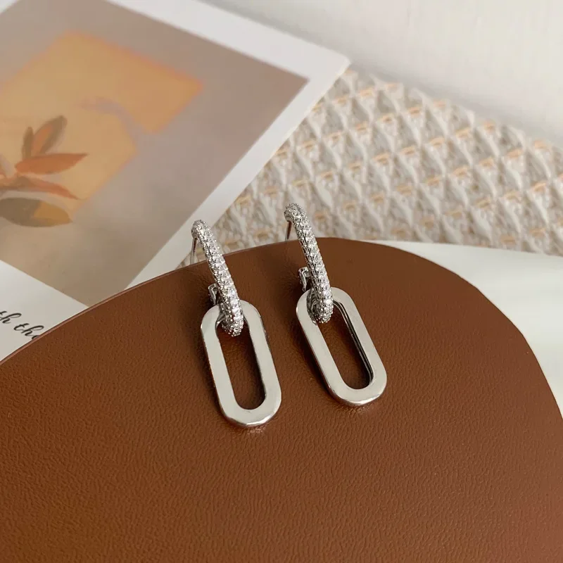 Temperament Two Section Double Link Dangle Earrings for Women Korean Charm Geometry silver Color Stainless Steel Stud Jewelry